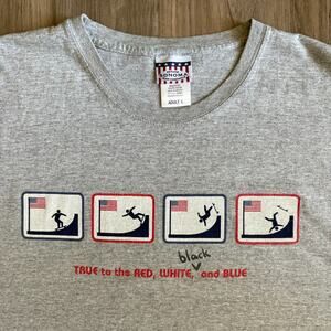 Vintage Y2K Skate T-Shirt Size L Gray Funny Quote Comic Graphic American Flag